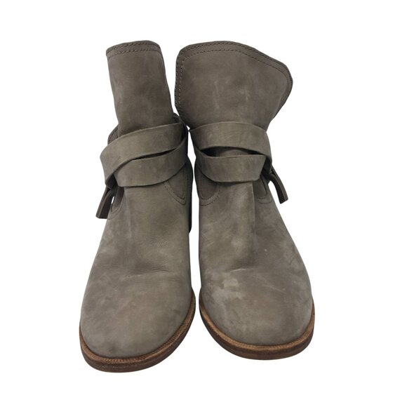 UGG Elora Taupe Suede Ankle Boots Womens 9.5 Wrap Strap Block Heel Western Style - Picture 5 of 16